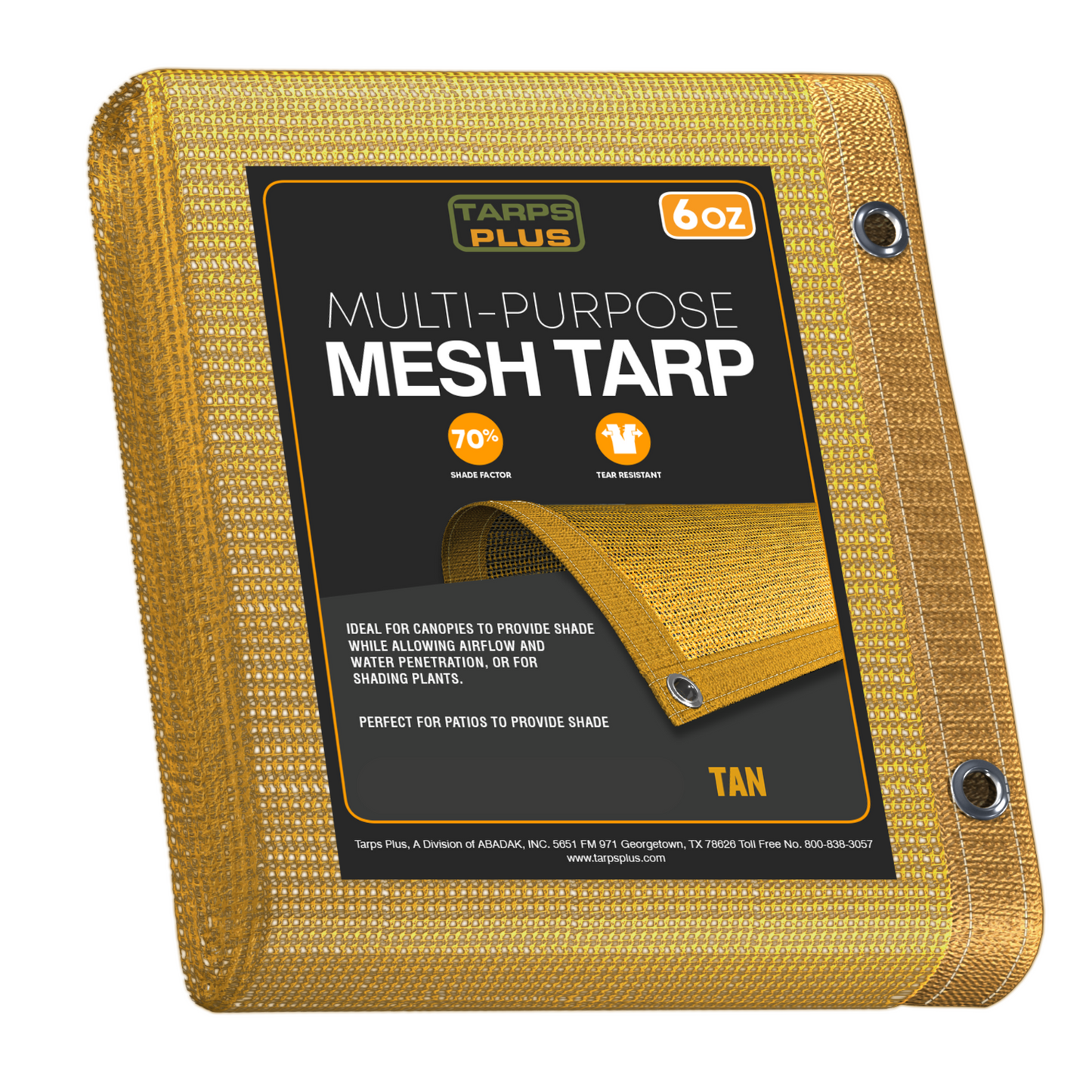 Tarps Plus 6oz tan multi-purpose mesh tarp with 70% shade factor, tear resistance, and reinforced grommets; ideal for canopies, patios, and plant shading.