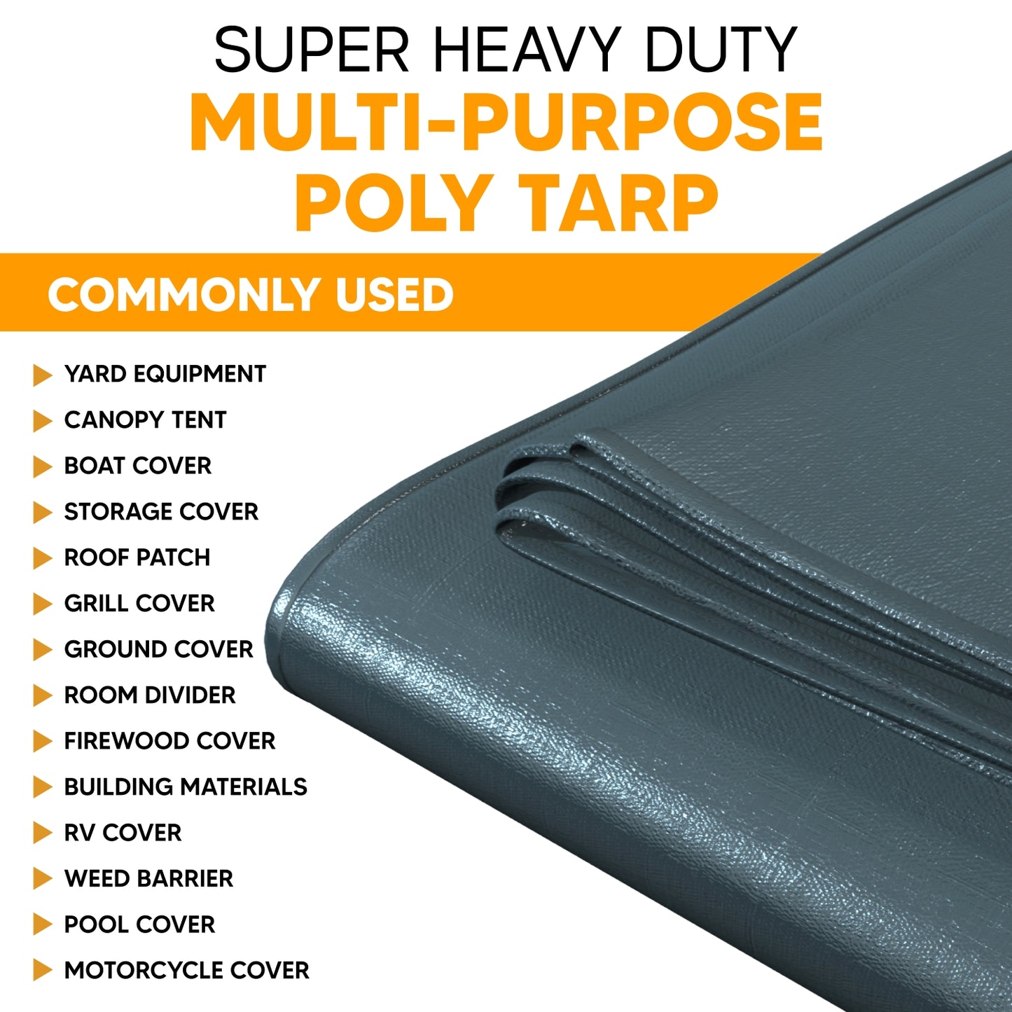 Silver/black heavy-duty poly tarp folded neatly, ideal for use as yard equipment cover, canopy tent, or protective shelter for outdoor items.
