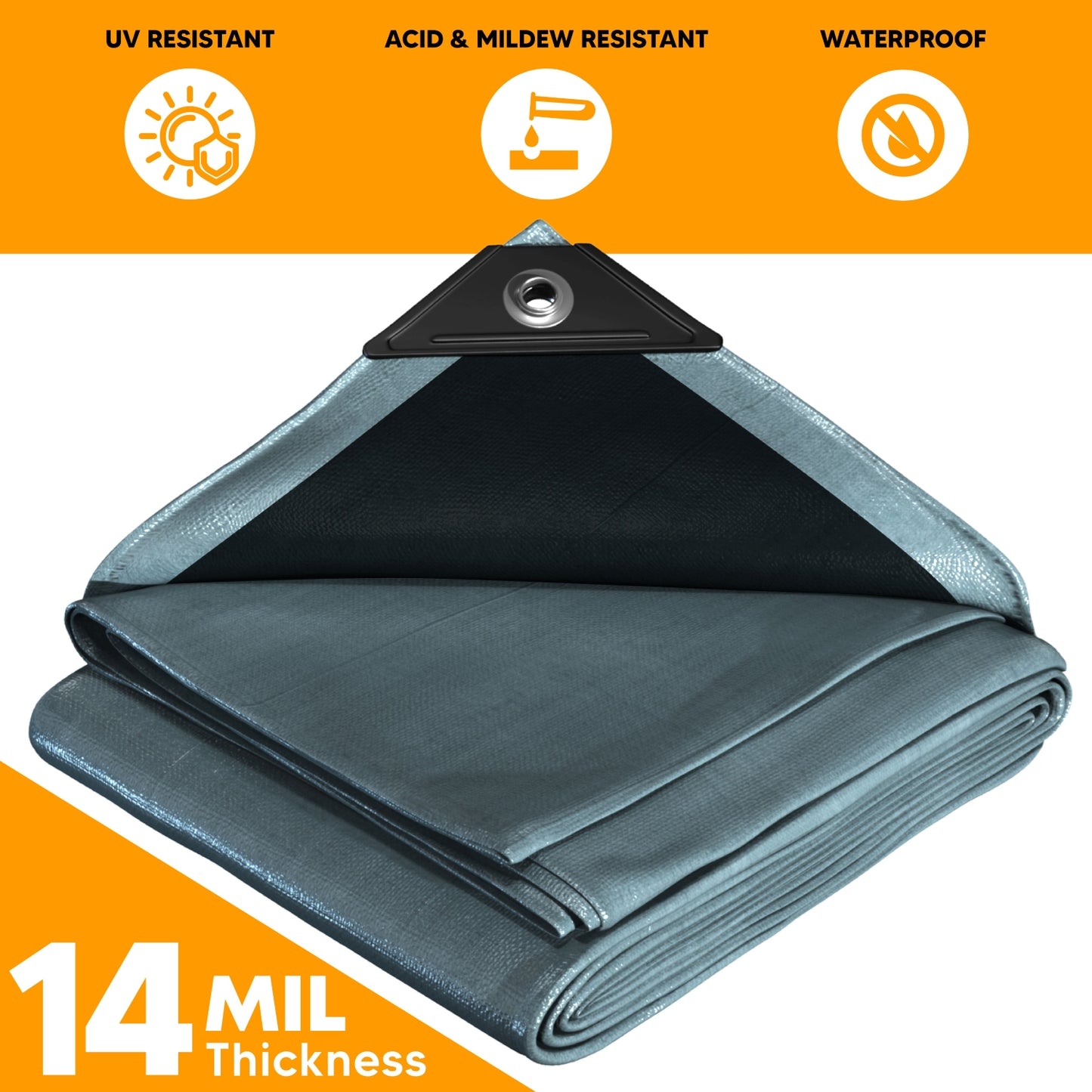 Silver/black poly tarp showing dual-color design and reinforced corner; UV, mildew, and waterproof with 14-mil thickness for tough outdoor use.