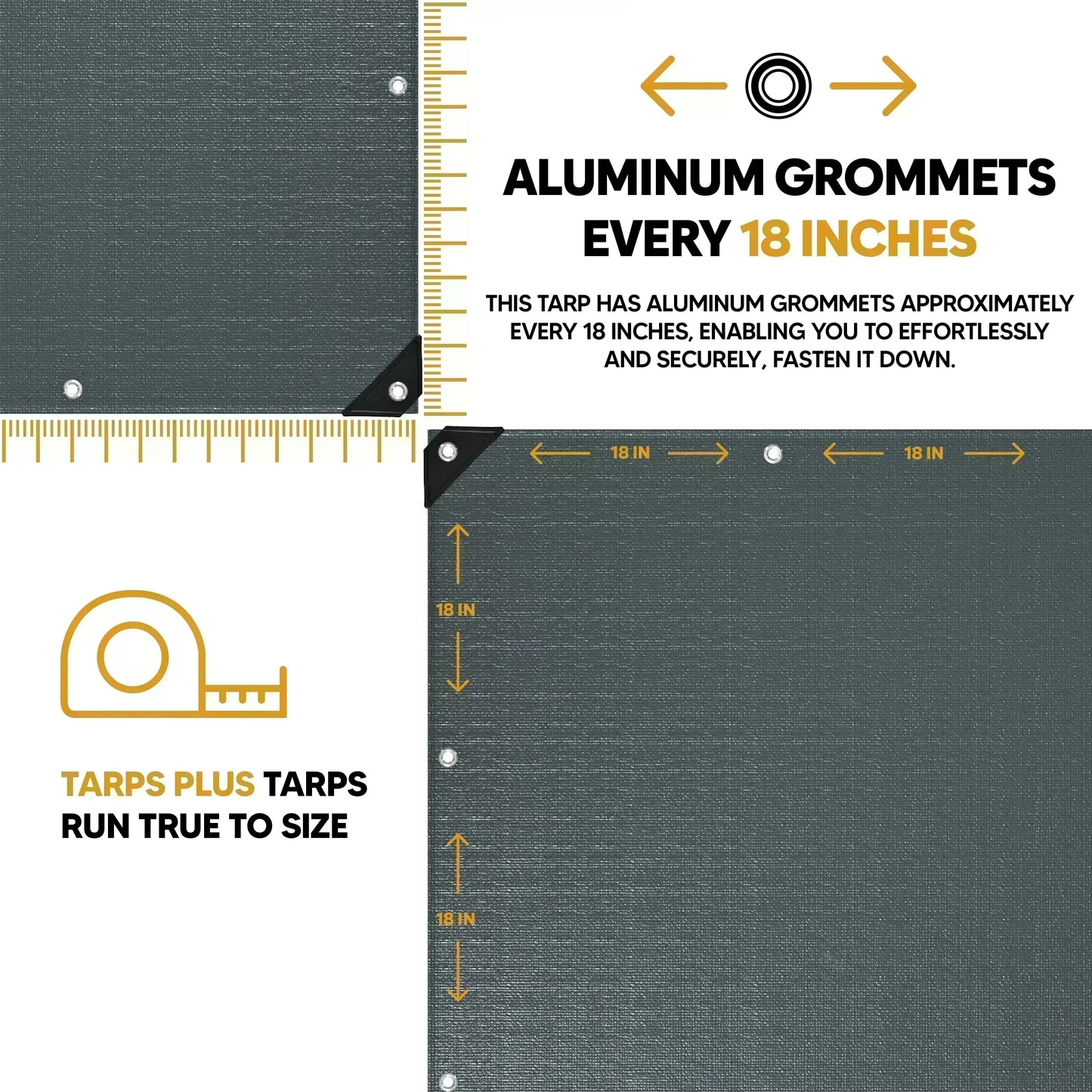 Silver heavy-duty poly tarp featuring aluminum grommets spaced every 18 inches for secure fastening; finished size runs true to size.