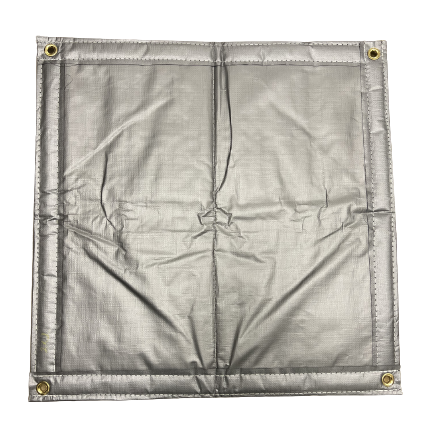 Silver insulated poly tarp with four brass grommets and reinforced heat-sealed edges for durable weather and thermal protection.