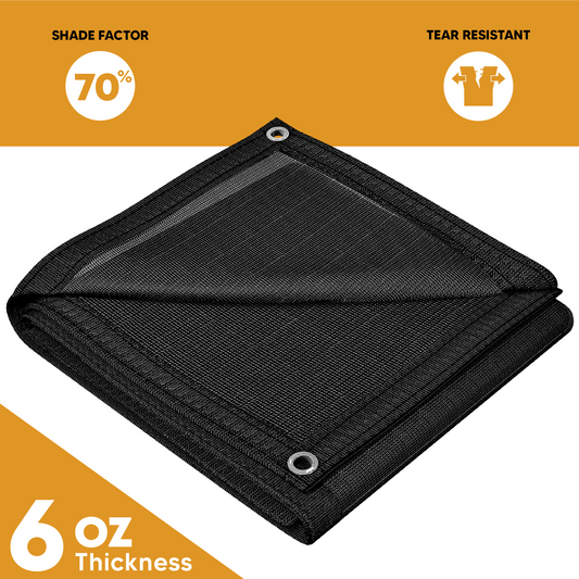 Black 6' x 8' mesh tarp featuring reinforced corner grommet construction