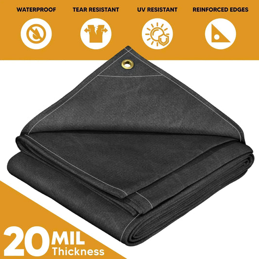 Black 5' x 7' waterproof canvas tarp designed for rugged moisture resistant coverage