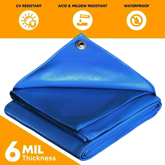 Waterproof blue 6' x 20' tarp used as a rain shield for construction and storage areas