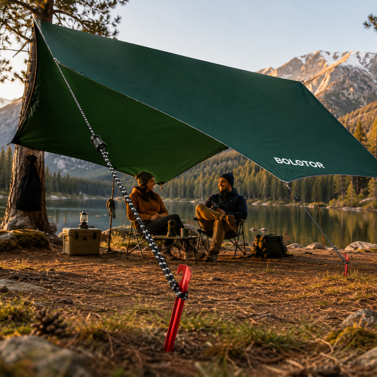 BOLOTOR green waterproof fly rain tarp providing shade and shelter at a lakeside campsite