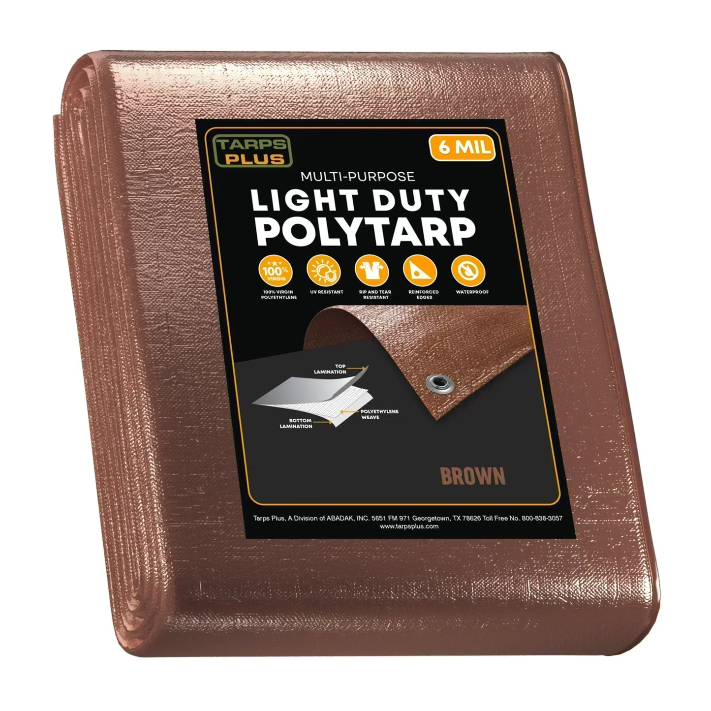 brown 30' x 40' poly tarp protecting bulk materials outdoors