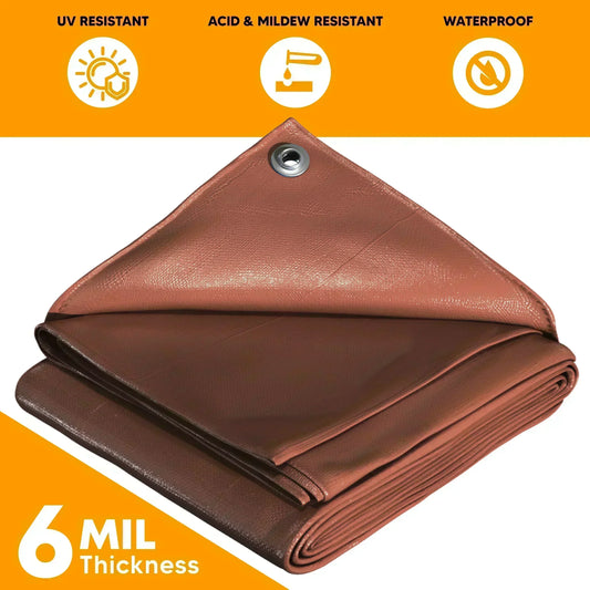 Folded brown 6' x 10' rain tarp prepared for utility coverage and outdoor shielding