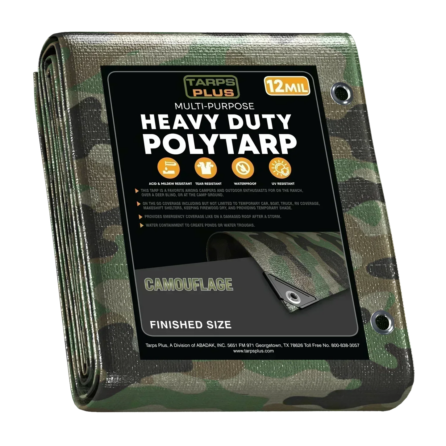 camouflage 20' x 20' poly tarp covering square area in wilderness