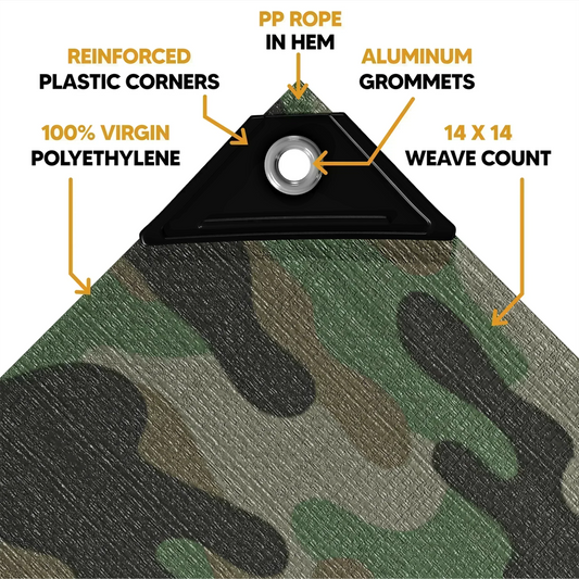 Camouflage 8' x 10' tarp featuring anchor corner detail and reinforced fastening construction