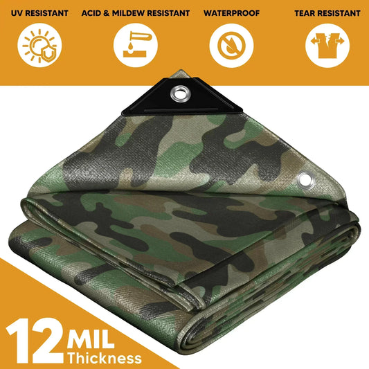 Folded Camouflage 8' x 16' hunting layer tarp prepared for temporary protection use