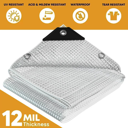 Folded Clear 12' x 16' storage barrier tarp prepared for temporary shielding tasks