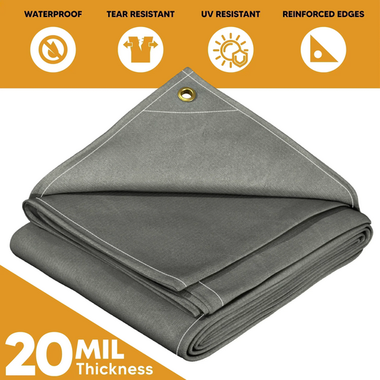 Gray 5' x 7' waterproof canvas tarp designed for rugged moisture resistant coverage