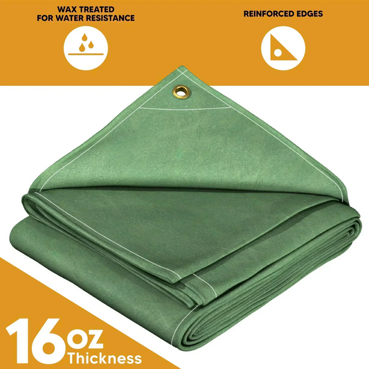 Green 5' x 7' canvas tarp prepared for rugged weather resistant protection