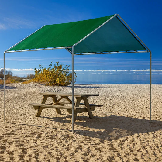 Green 10' x 10' mesh tarp canopy creating coastal relaxation shade