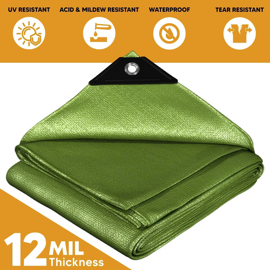 Folded Green 14' x 20' earth shield tarp prepared for temporary weather barrier projects