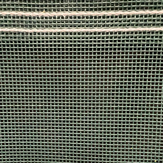 Green 8' x 10' vinyl mesh tarp showcasing open weave mesh construction and trim