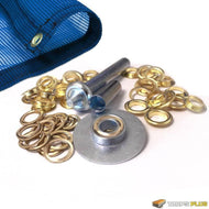 Grommet repair kit featuring brass eyelets, setting tools, and installation hardware for tarp repairs