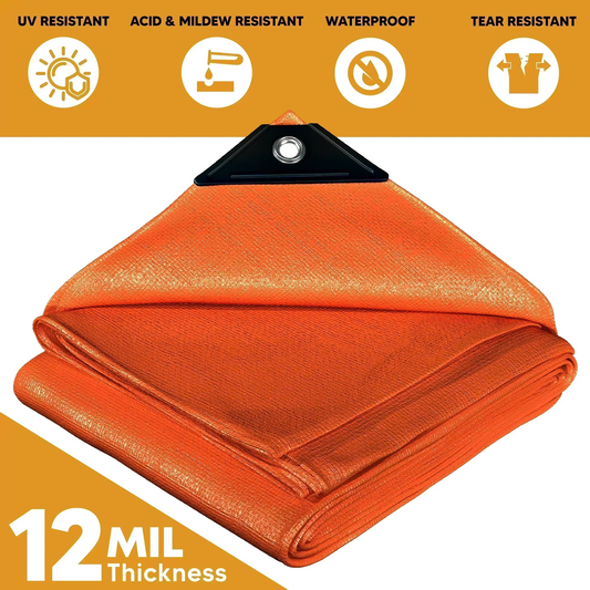 Folded Orange 10' x 12' sunset shield tarp prepared for temporary weather barrier projects