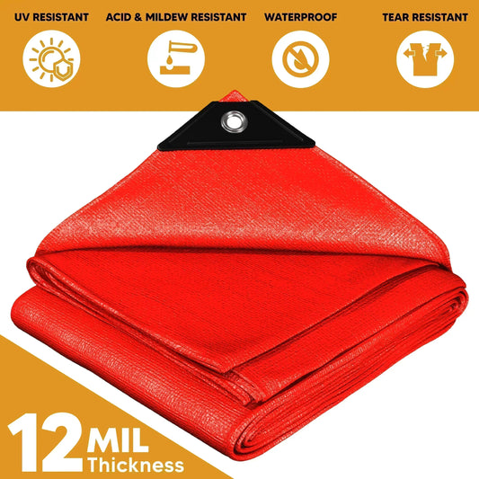 Folded Red 10' x 12' ruby shield tarp prepared for temporary weather barrier projects