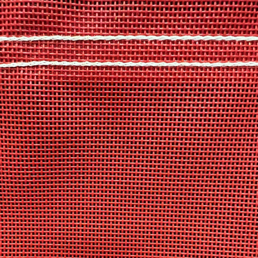 Red 6' x 8' vinyl mesh tarp displaying open weave fabric and strong edge trim