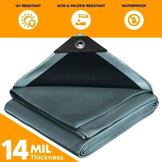 Folded Silver Black 30' x 40' protection layer tarp prepared for temporary shielding applications