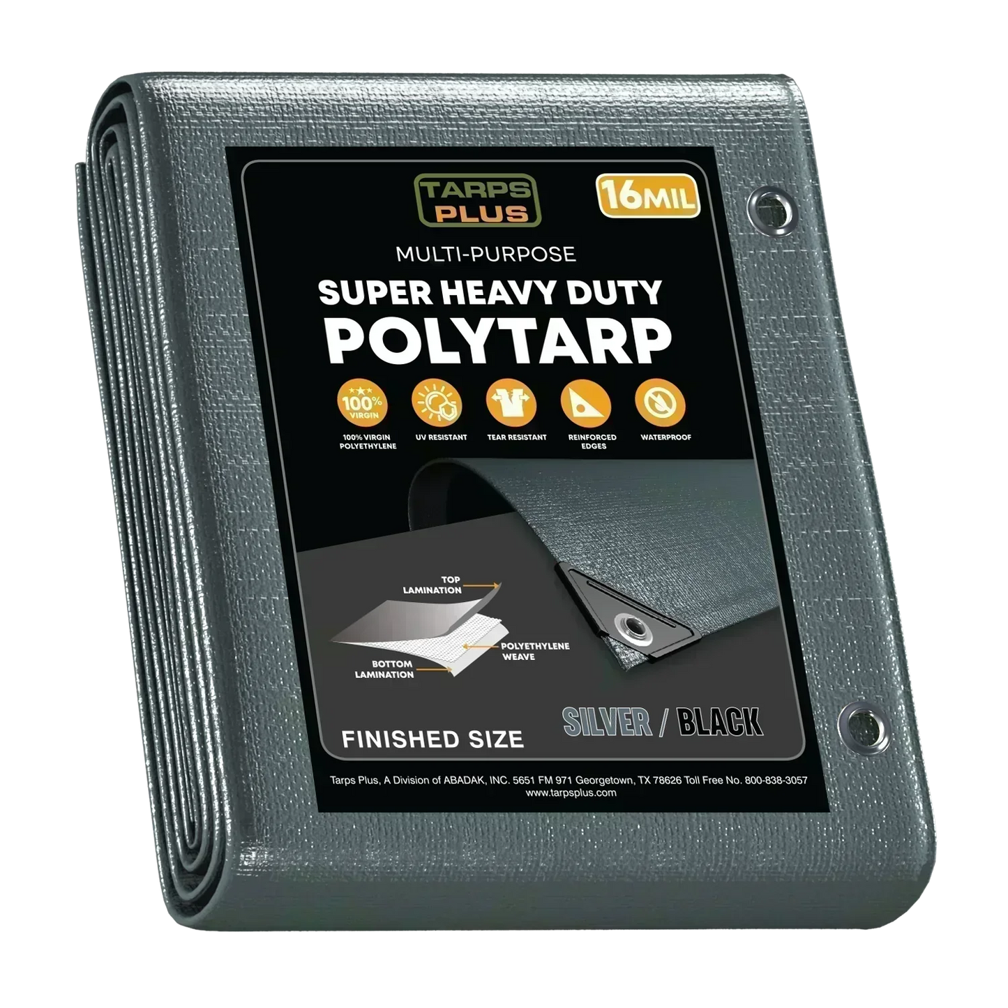 silver/black 12' x 20' poly tarp covering maintenance tools area