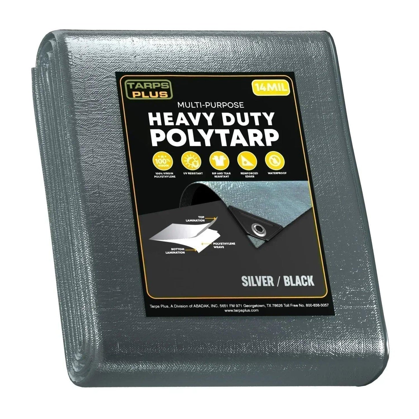 silver/black 30' x 30' poly tarp covering heavy-duty machinery area