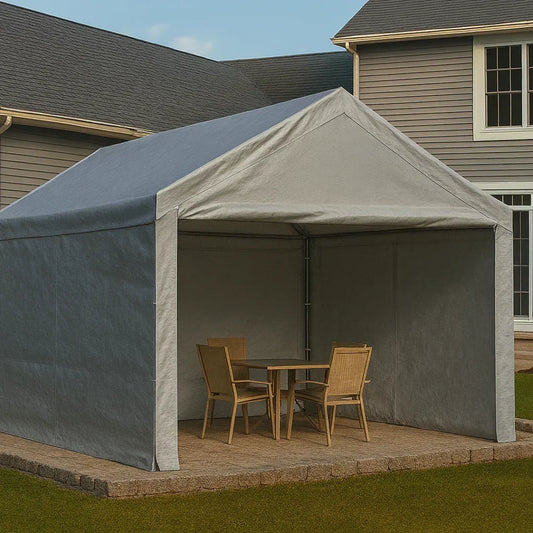Silver 10' x 10' enclosed tarp canopy creating a weather protected enclosure