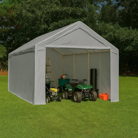 Silver 12' x 20' enclosed tarp canopy providing commercial weather shelter