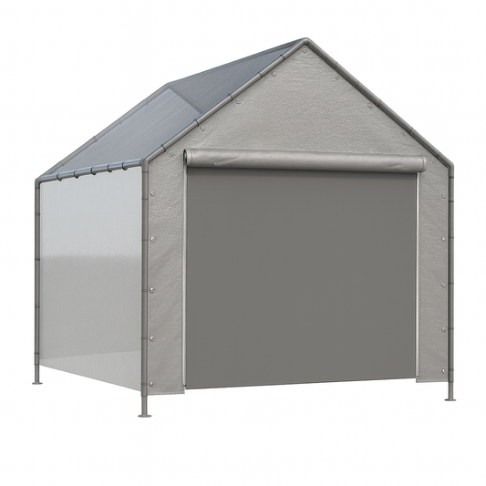 Silver 10' peak end wall with zipper creating a front access wall