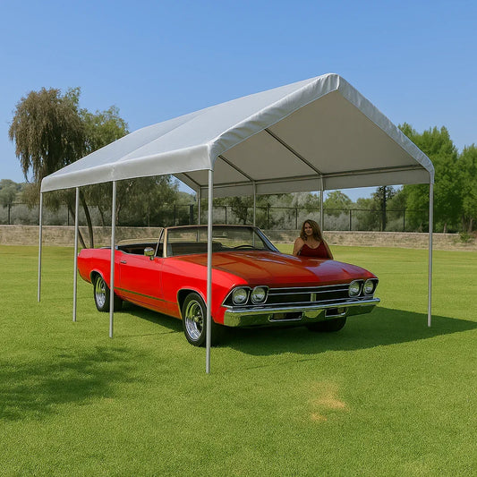 Silver 12' x 20' valance tarp mounted on a canopy frame for protection
