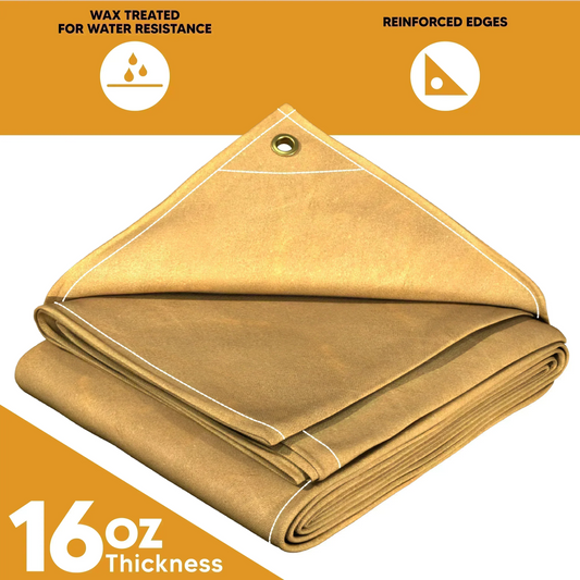 Tan 8' x 12' heavy duty canvas tarp built for rugged weather resistance