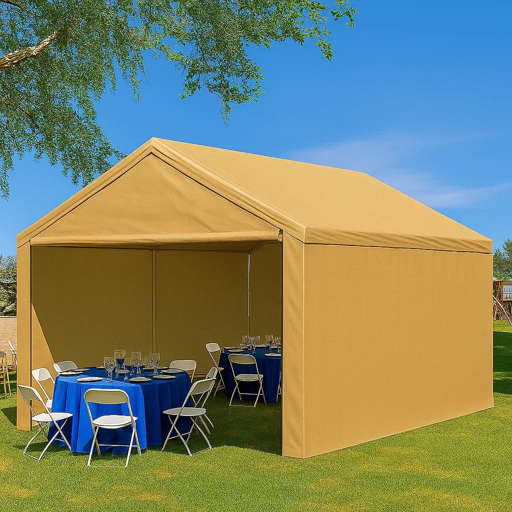 Tan 10' x 16' enclosed tarp canopy providing a private outdoor enclosure