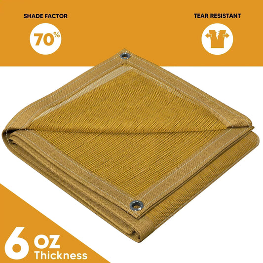 Tan 6' x 8' mesh tarp featuring folded mesh construction and reinforced edging