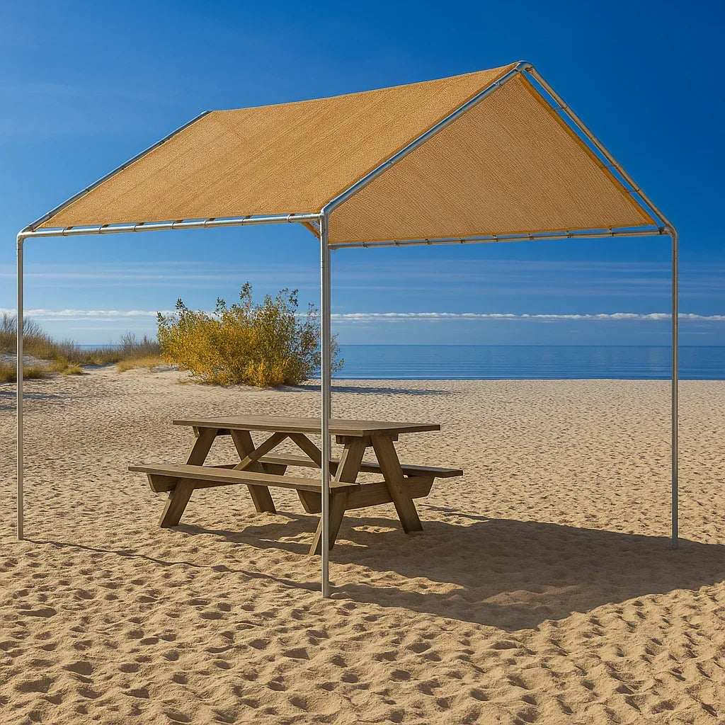 Tan 10' x 10' mesh tarp canopy serving as a sandy shore shelter