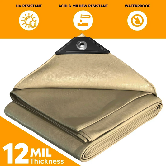 Folded Tan 16' x 24' weather layer tarp prepared for temporary shielding applications