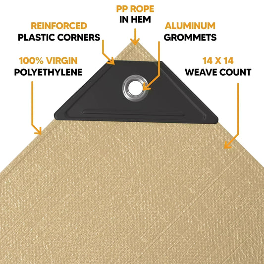 Tan 20' x 40' tarp featuring edge anchor support and reinforced fastening durability