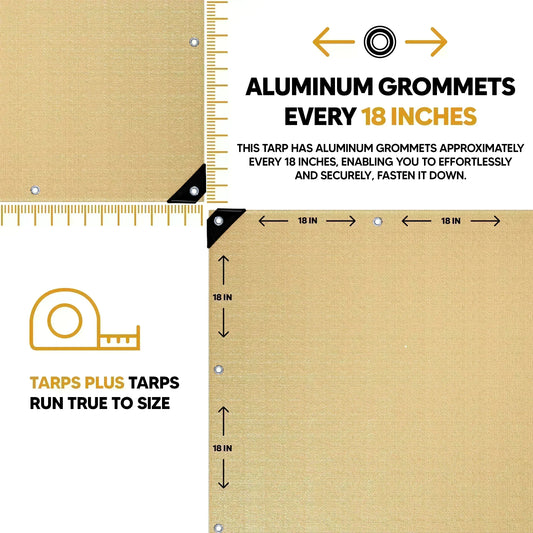 Tan 8' x 12' durable poly tarp built for outdoor weather protection and separation use