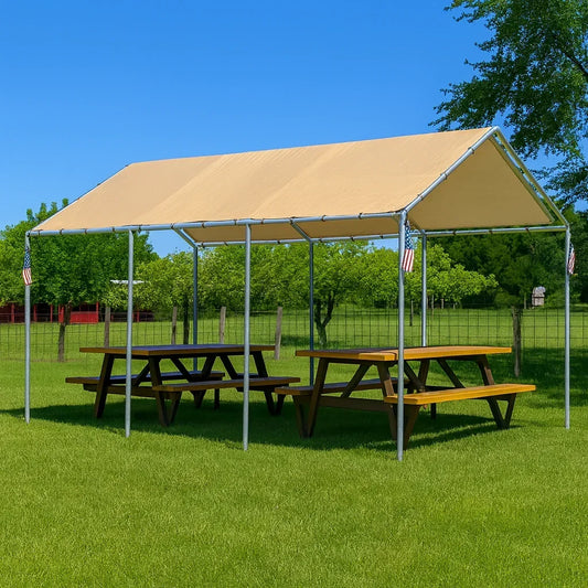Tan 12' x 20' tarp canopy providing all purpose shade coverage