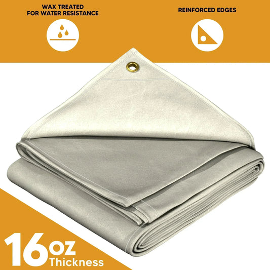 White 8' x 10' heavy fabric canvas tarp prepared for weather resistant applications
