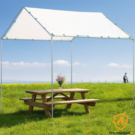 White 10' x 10' tarp cover providing open air shelter over a picnic table