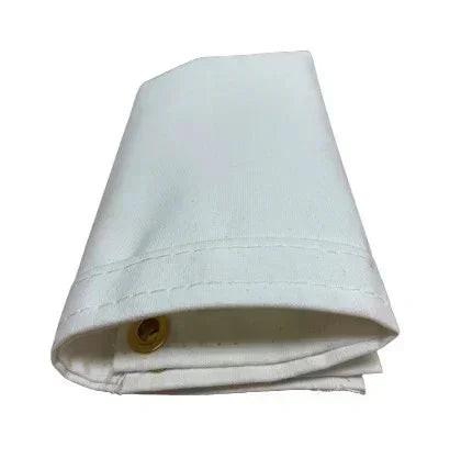 White 8' x 10' folded polyester waterproof canvas tarp designed for rain resistant coverage