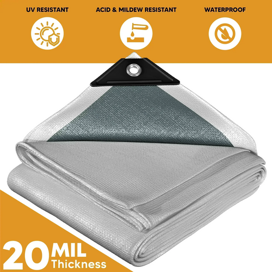 Folded White Silver 10' x 20' dual layer tarp prepared for temporary shielding applications