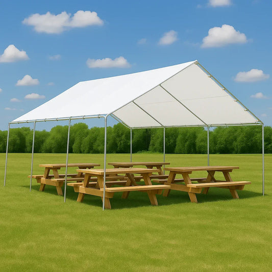 White 18' x 20' tarp canopy providing coverage for a large canopy enclosure