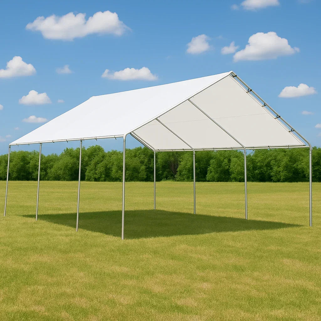 White 18' x 20' tarp canopy providing coverage for a large canopy enclosures