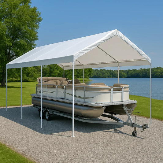 White 10' x 20' valance tarp used for outdoor entertainment shelter