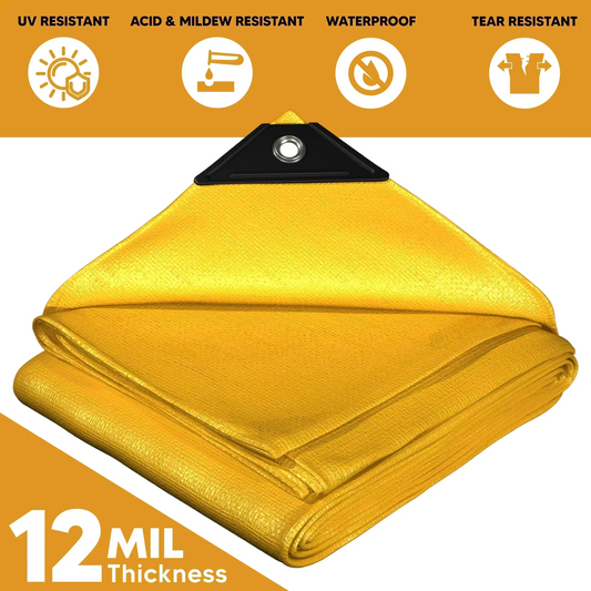 Folded Yellow 16' x 20' sun layer tarp prepared for temporary shielding applications