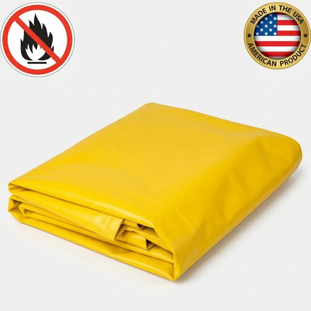 Yellow heavy-duty vinyl tarp designed for industrial outdoor coverage and weather protection