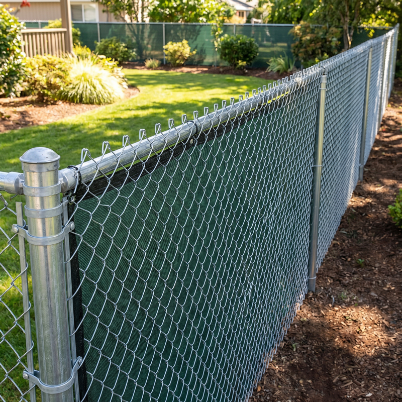 Commercial privacy fence screen on a chain link fence providing privacy, windscreen protection, UV resistance, and enhanced security for residential and commercial applications.