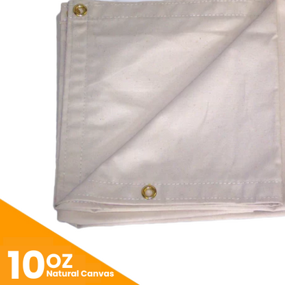 White canvas tarp with grommets on a white background, featuring '10oz Natural Canvas' text.